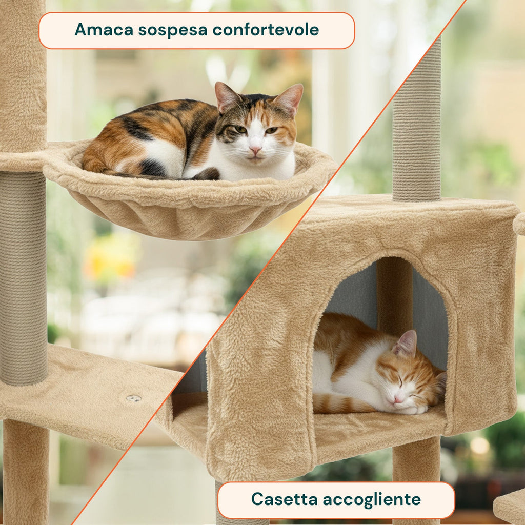 Tiragraffi per gatti 120 cm con cuccia e amaca multilivello