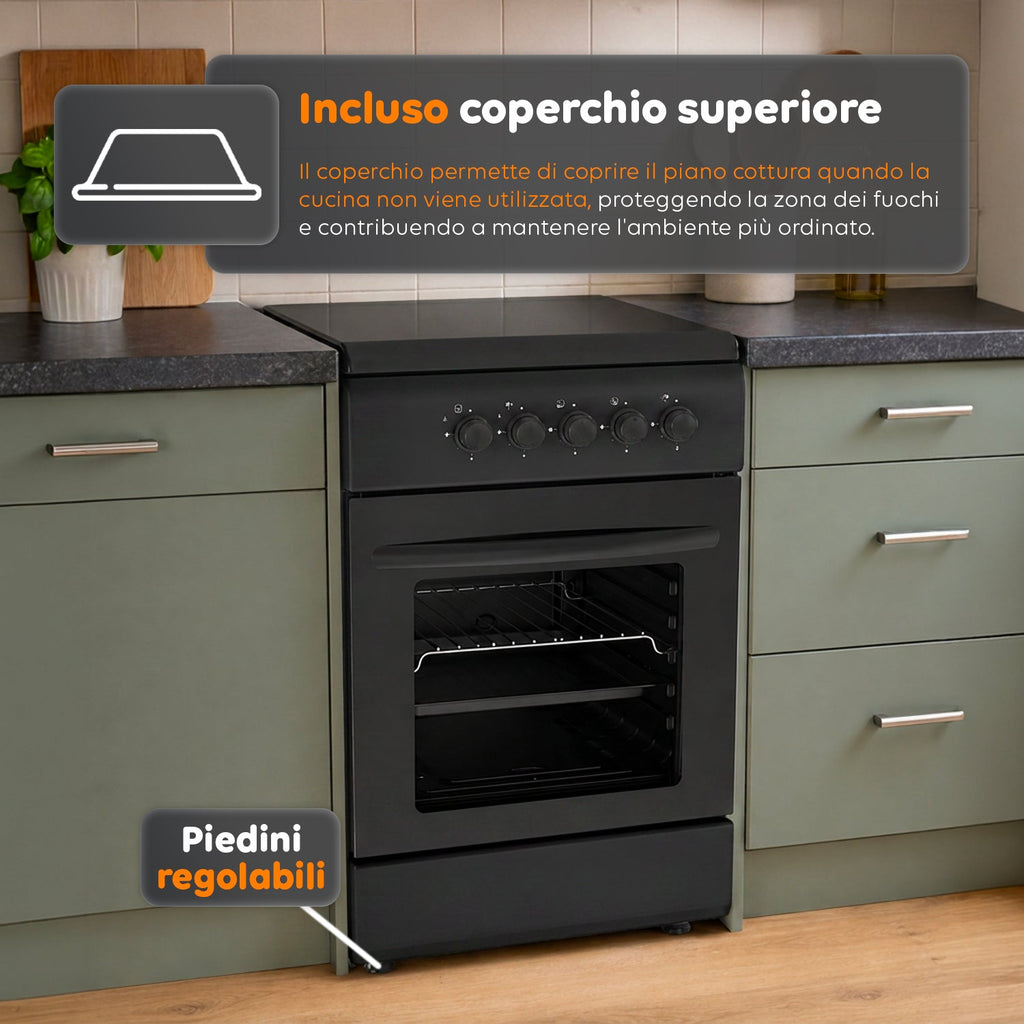 Cucina a Gas 50x50 cm con Forno a Gas 49 Litri, 4 Fuochi di Diversa Potenza, Valvole di Sicurezza e Coperchio