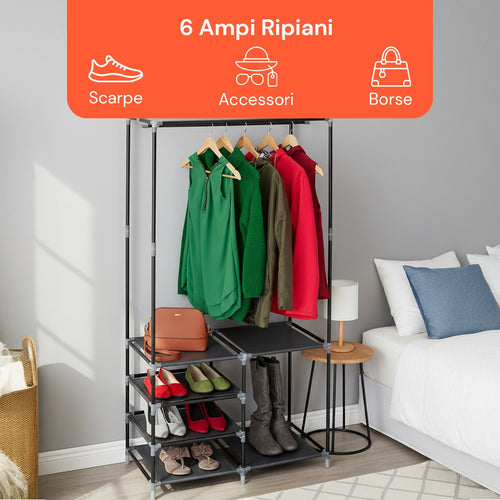 Appendiabiti con 6 Ripiani e Asta Porta Grucce – Struttura Solida