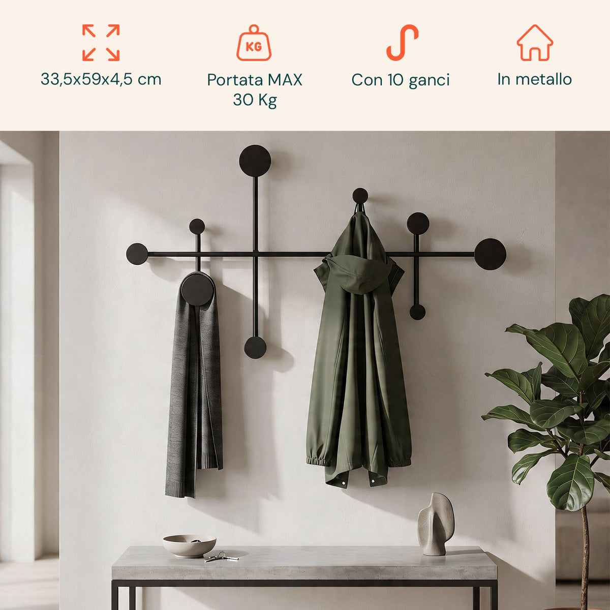 Modern Wall Coat Rack with 10 Durable Metal Hooks - 59x33.5 cm, 30 kg Capacity - Mounting Kit Included