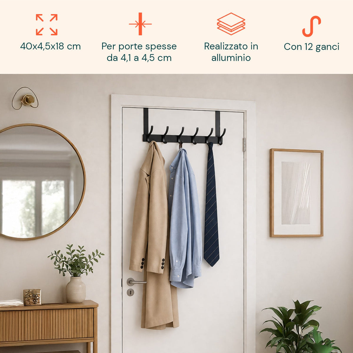 Appendiabiti da Porta in Alluminio con 12 Ganci, Portata 10kg – Adatto per Porte con Spessore da 4,1-4,5 cm