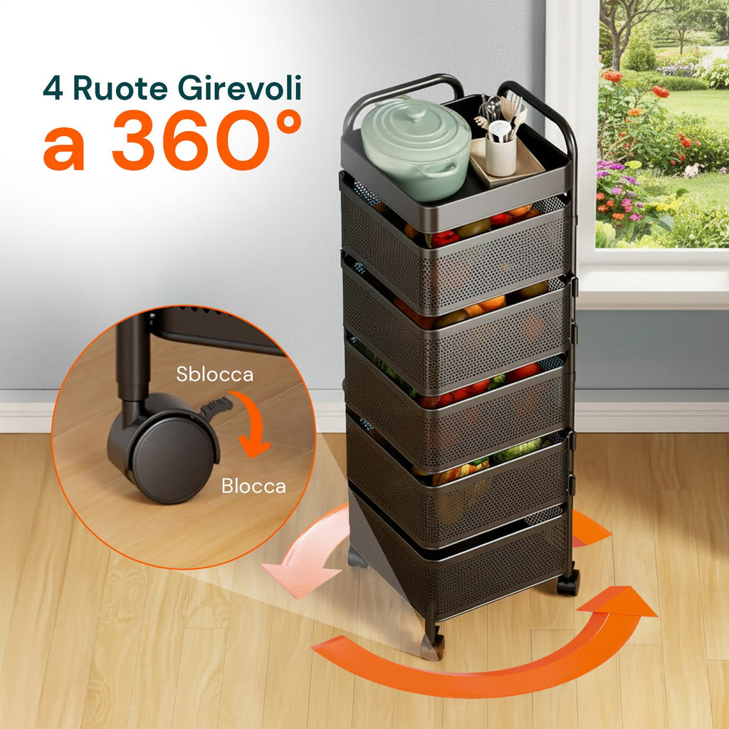 Carrello Multiuso Richiudibile Quadrato Salvaspazio con Ruote - Organizer con Cestelli (3/4/5 Ripiani) Nero o Bianco