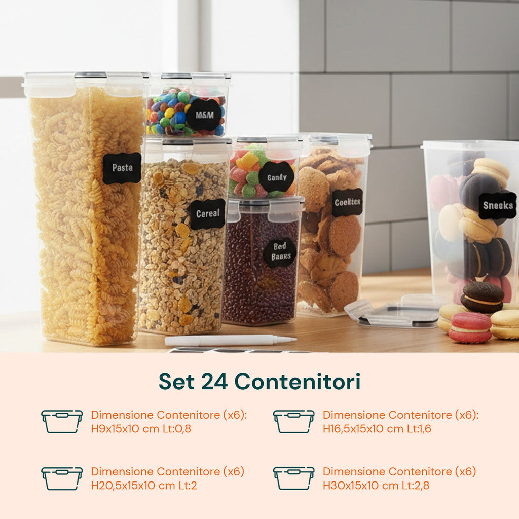 Set di 24 contenitori ermetici per alimenti di diverse dimensioni con etichette