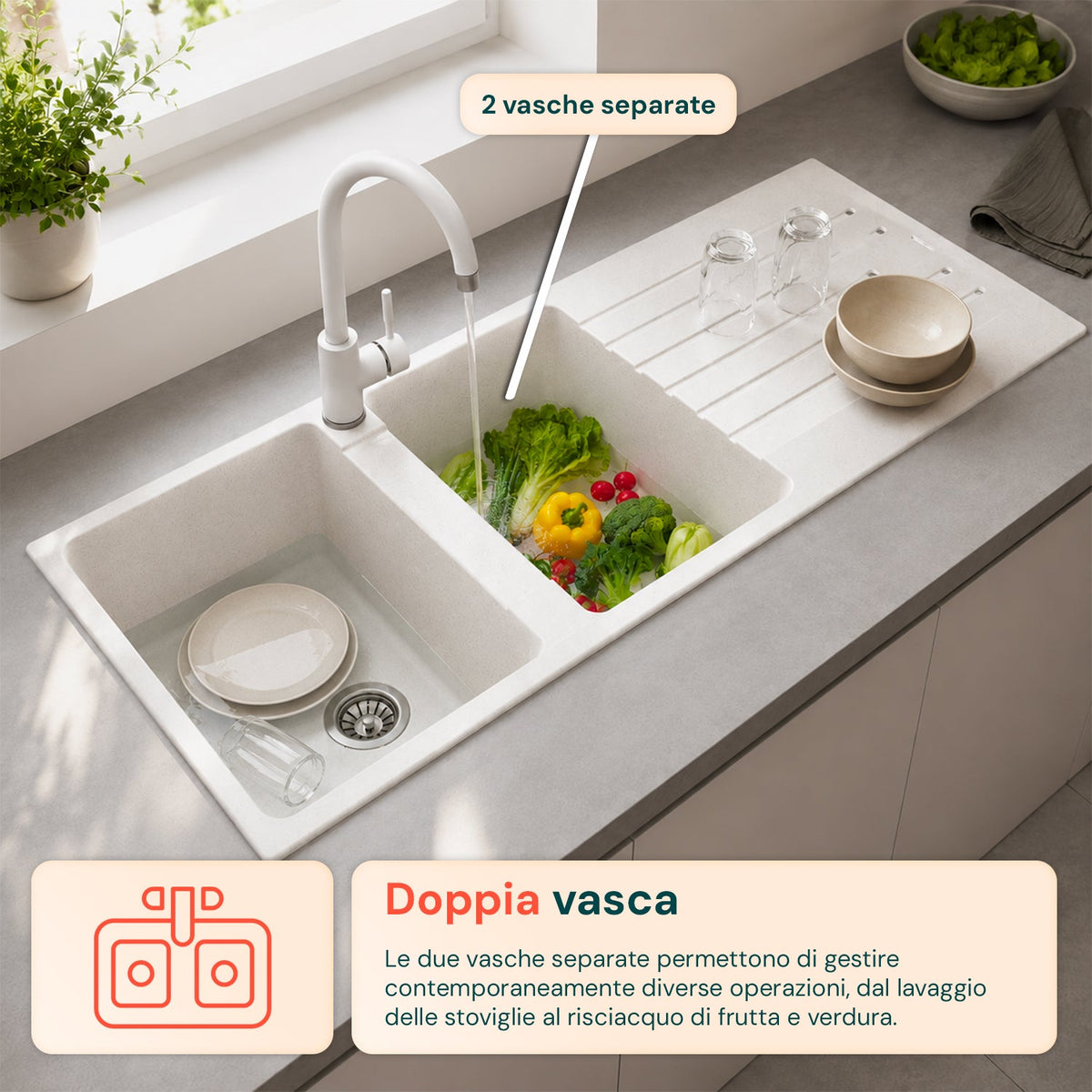 Lavello cucina a due vasche con o senza gocciolatoio, bianco o nero, rubinetto incluso
