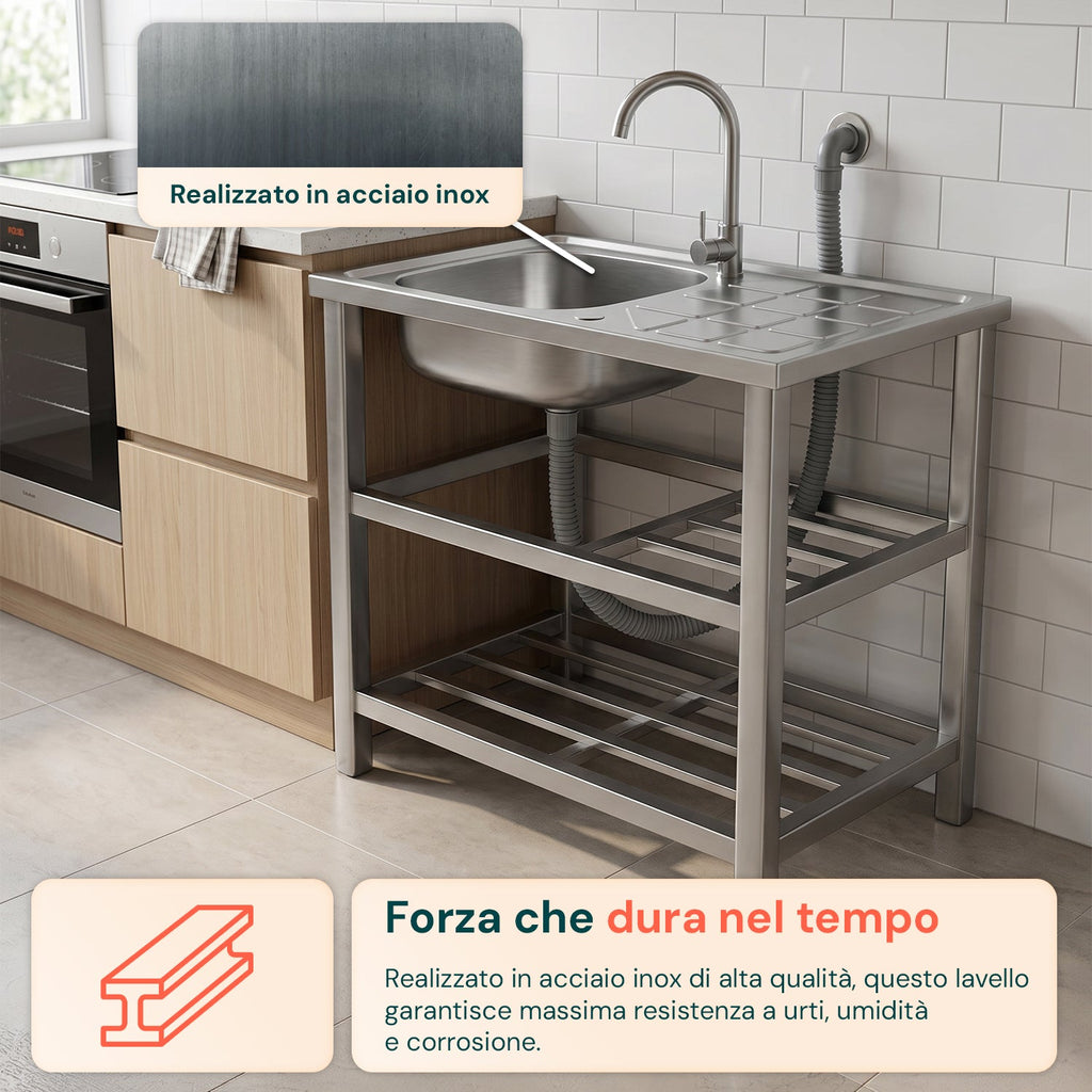 Lavello multifunzione in acciaio inox con fontana - Lavandino con vasca, gocciolatoio e doppia mensola - Reversibile Dx/Sx - 75x40x80 cm