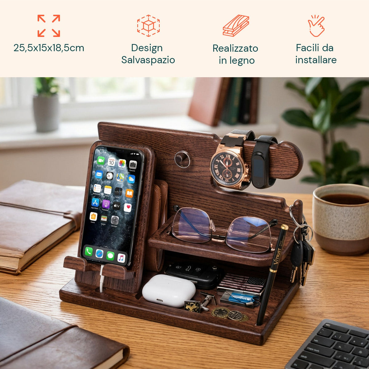 Organizer da Scrivania in Legno con Supporto Smartphone e Porta Orologi – Compreso di Alloggiamento per il Cavo di Ricarica – 25,5x15x18,5 cm