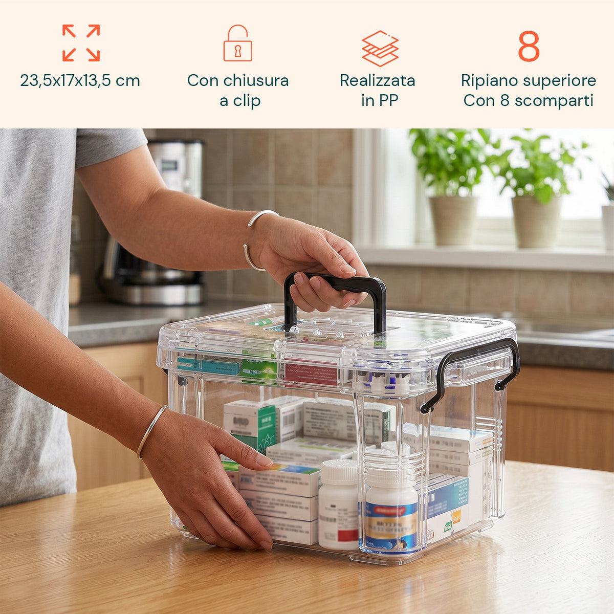 Organizer per Farmaci Trasparente a 2 Livelli con Maniglia e Chiusura a Clip -  8 Scomparti Superiori 23,5x17x13,5 cm