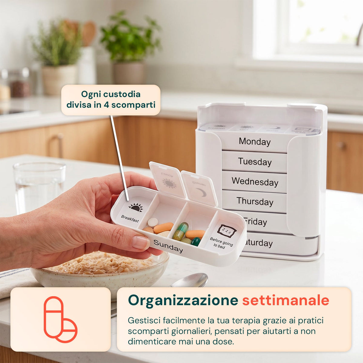 Organizer Pillole Settimanale 7 Giorni con Contenitori Giornalieri Rimovibili e Portatili
