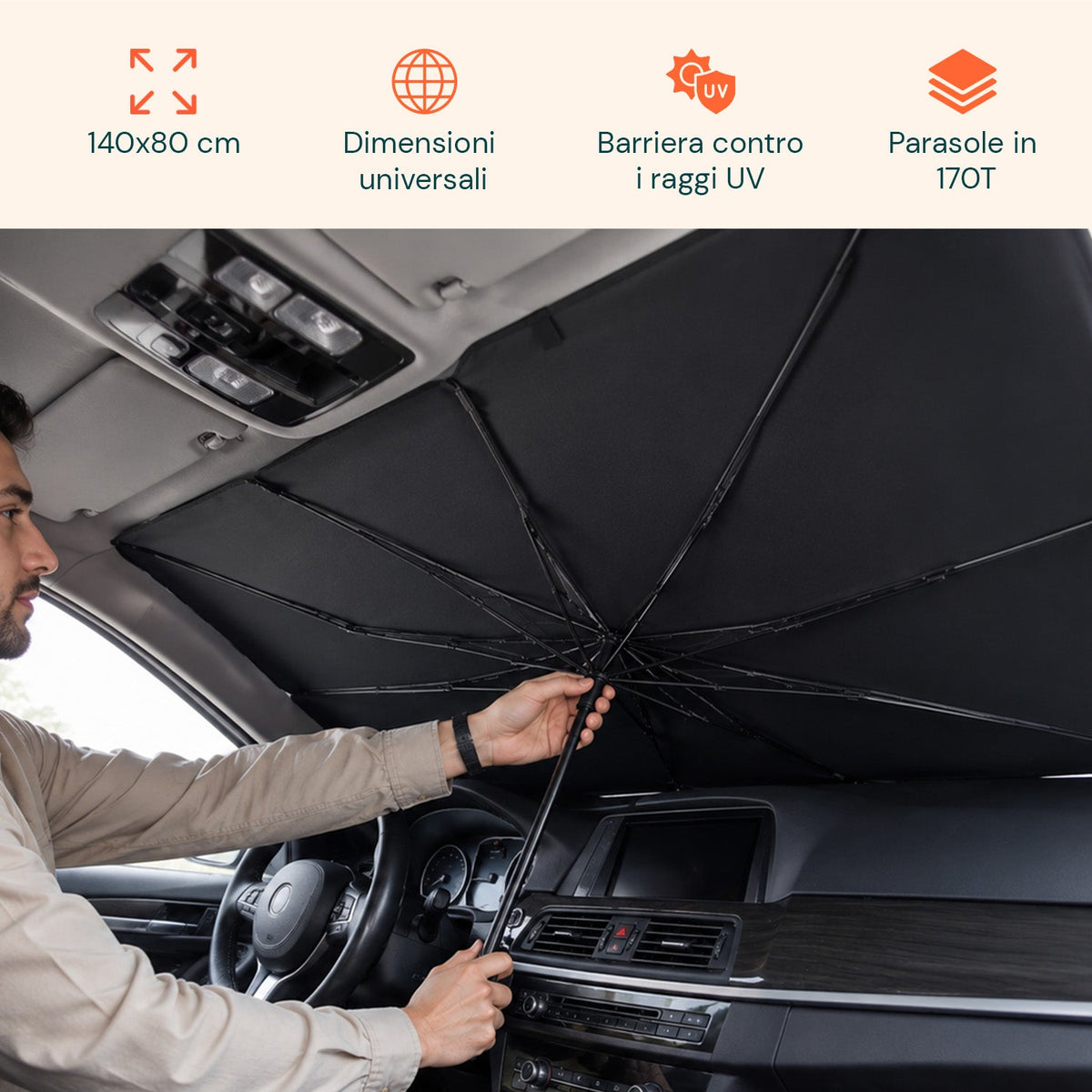 Parasole per Auto a Ombrello – Protezione Raggi UV Universale – Dimensioni 140x80cm – Struttura a 10 Aste in Ferro e Tessuto 170T – Pieghevole con Custodia Salvaspazio – Raffresca Abitacolo