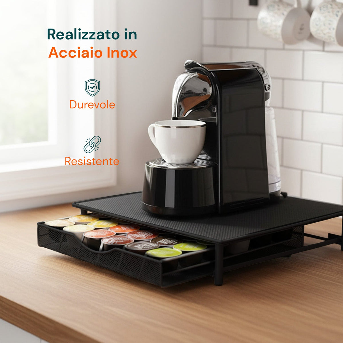 Porta Capsule Caffè 36 Posti con Cassetto Estraibile in Metallo e Base Antiscivolo