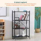 Scaffale mobile pieghevole a 4 ripiani con ruote girevoli bloccabili