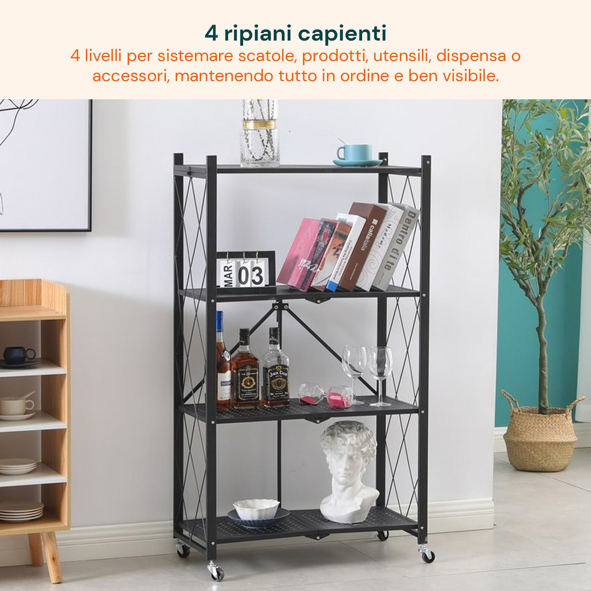 Scaffale mobile pieghevole a 4 ripiani con ruote girevoli bloccabili
