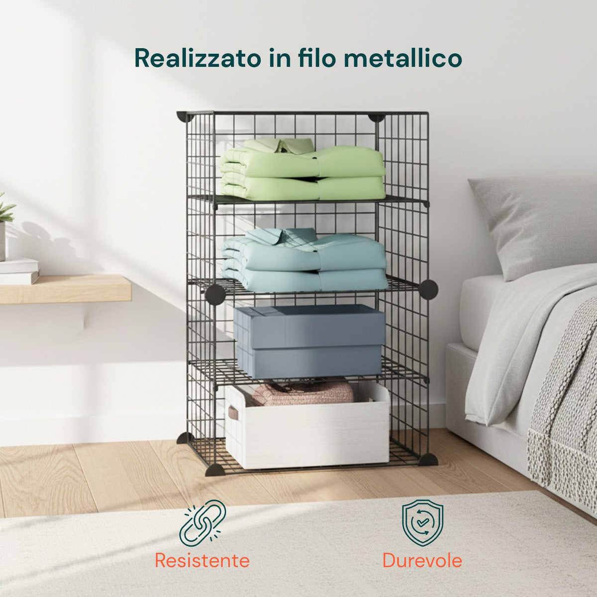 Scaffale Modulare a Rete – 4 Ripiani Organizer Multiuso e Resistente