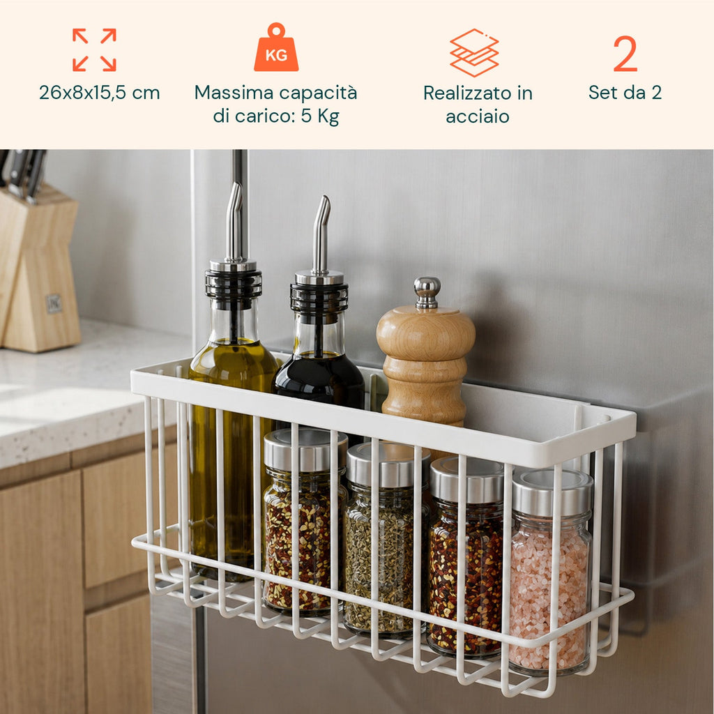 Set 2 Cestini Magnetici Multiuso in Acciaio, Organizer Portaoggetti Salvaspazio a Griglia, Installazione Senza Fori, Portata Max 5 kg