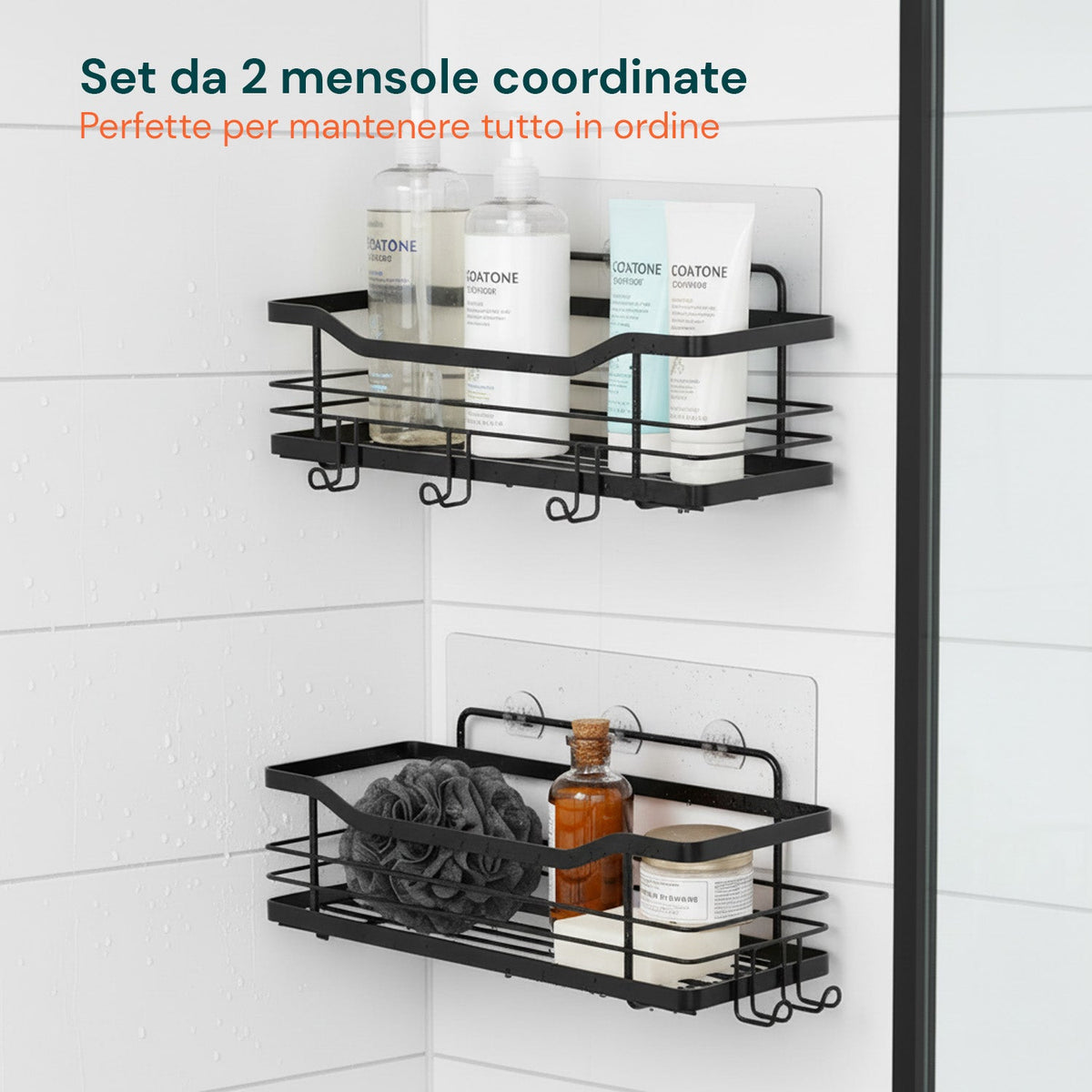 Set di 2 mensole adesive da parete in acciaio nero per bagno e cucina