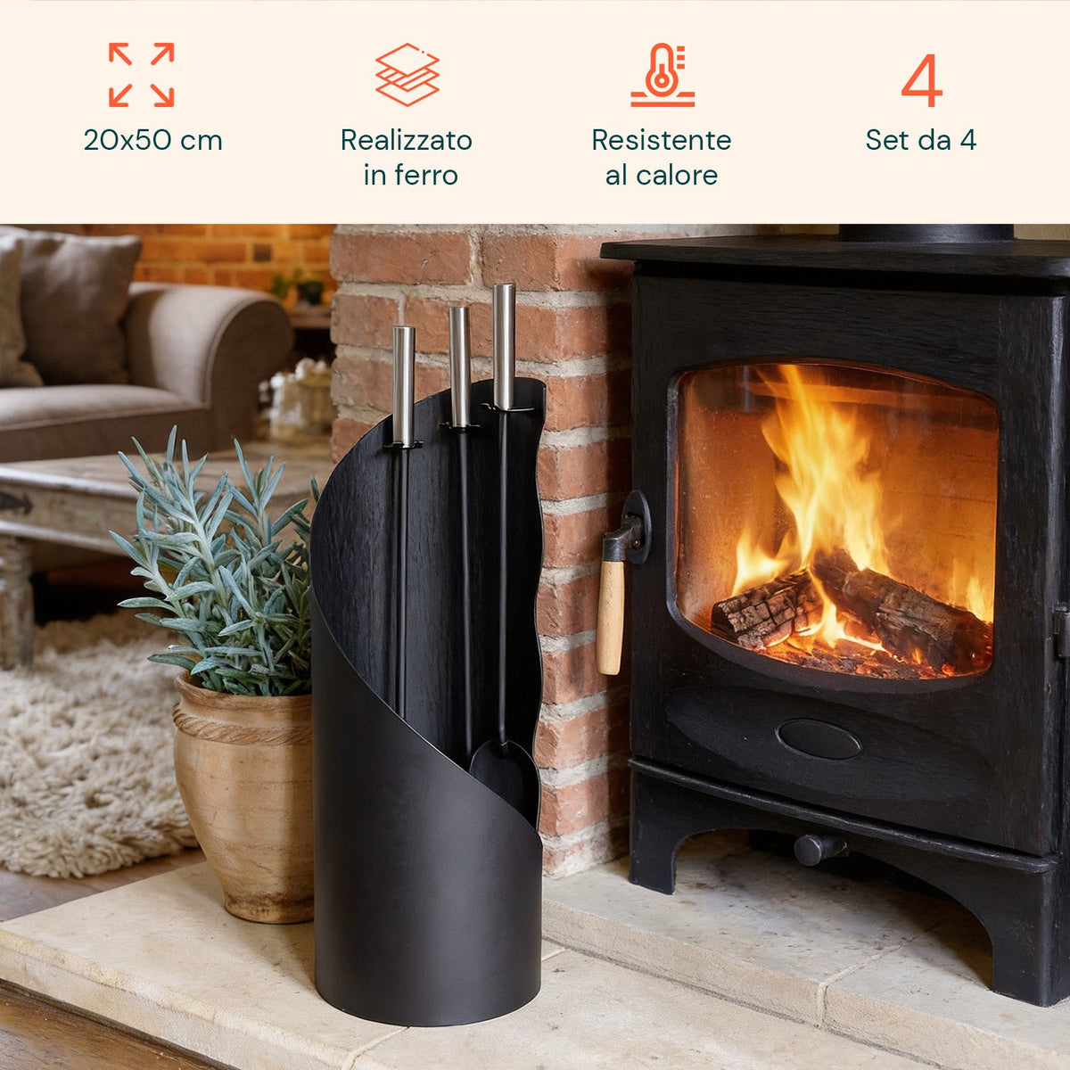 Set 4 Accessori per Camino in Ferro: Paletta, Scopino, Attizzatoio e Supporto – Resistente al Calore e con Ganci Interni
