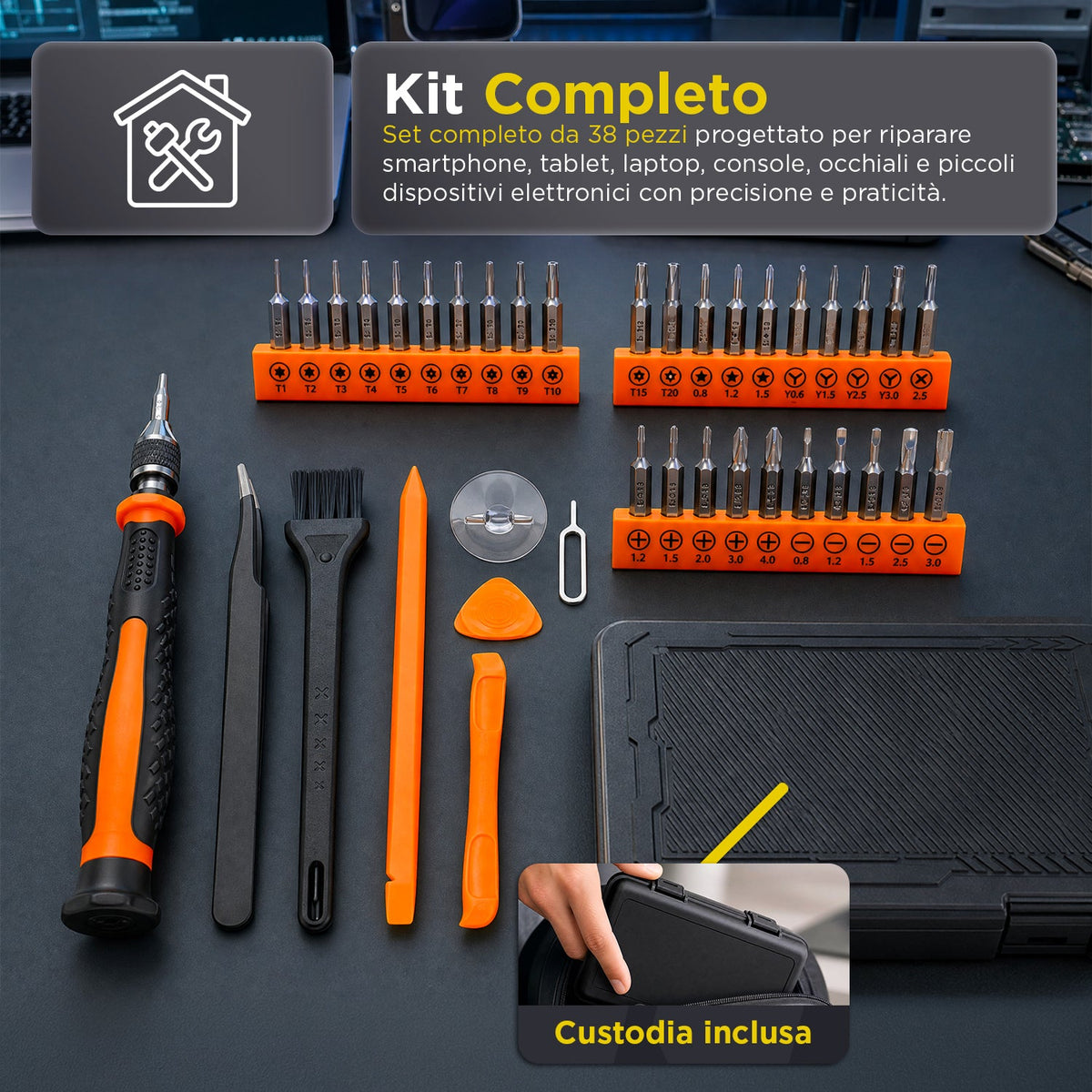 Kit 38 in 1 Attrezzi Riparazione Elettronica di Precisione - in Acciaio S2 con 30 Punte Intercambiabili Magnetiche