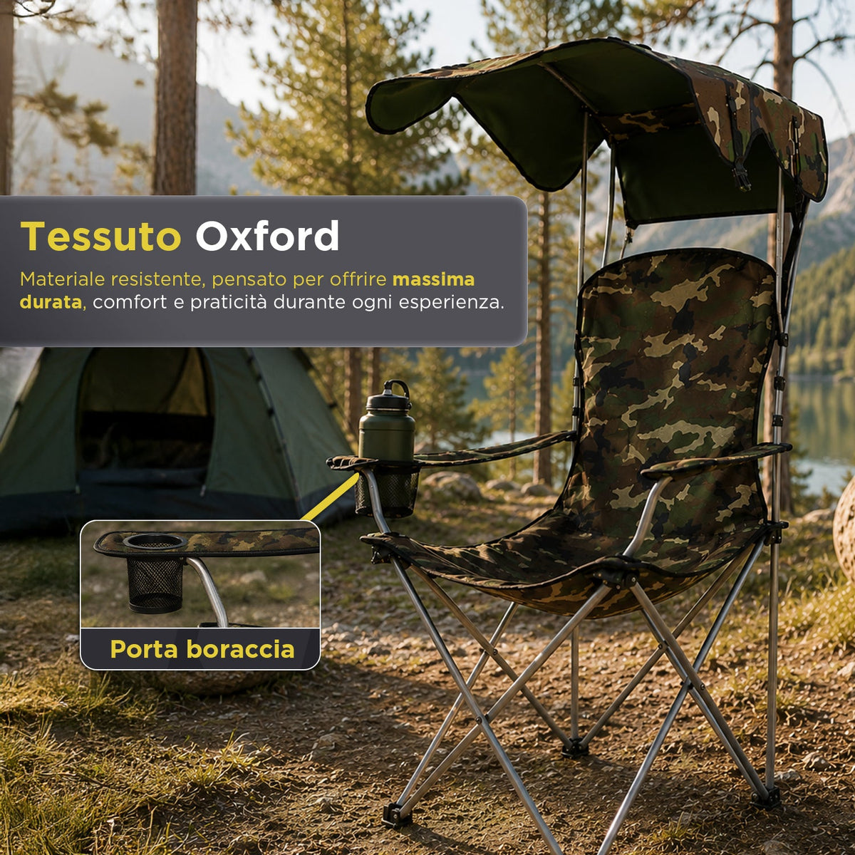 Sedia da Campeggio Pieghevole con Tettuccio Parasole – Struttura in Acciaio al Carbonio Portata 120kg – Tessuto Oxford Resistente – Dimensioni 53x77x130cm – Salvaspazio con Custodia