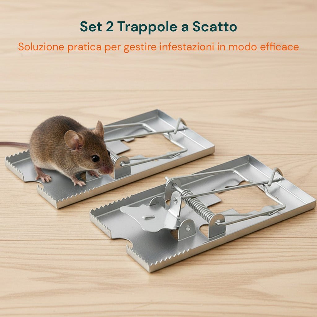 Set di 2 Trappole per Topi a Scatto in Metallo per Interni ed Esterni