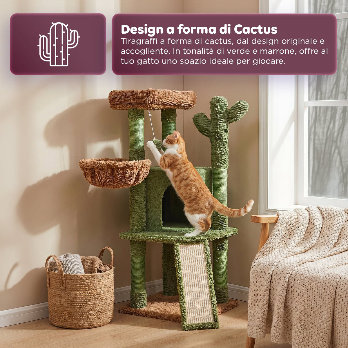 Tiragraffi per Gatti a Forma di Cactus 106,5 cm - in Sisal Naturale con Casetta, Cuccia a Cestino e Pallina Gioco