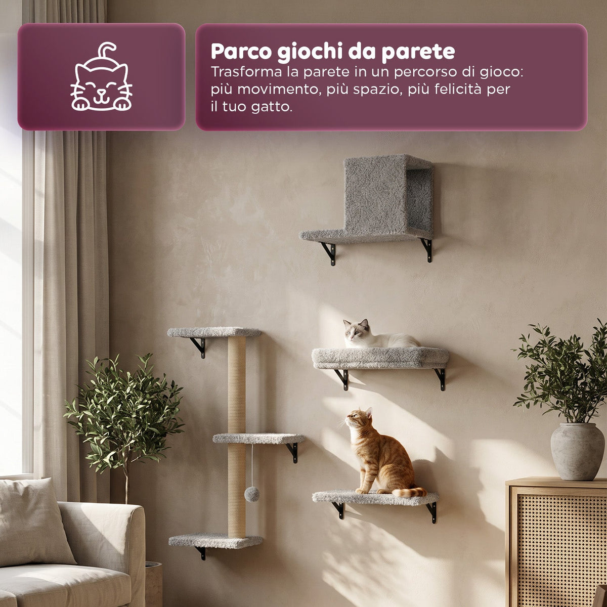 Parco Giochi Verticale da Parete per Gatti - in Legno Multistrato e Sisal Naturale