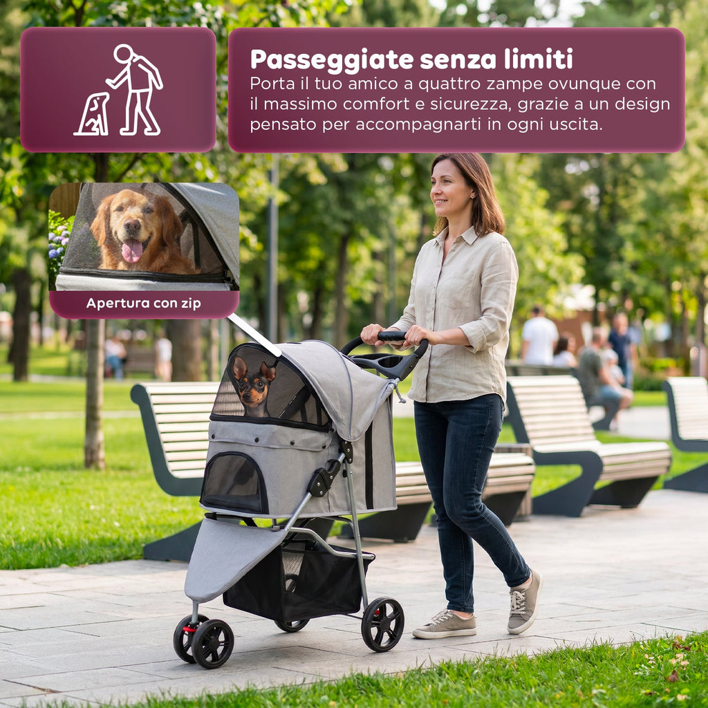 Passeggino per Cani e Gatti Pieghevole Portata 15kg con Cabina Trasparente - in Acciaio e Tessuto Oxford con Portabicchieri e Cestello