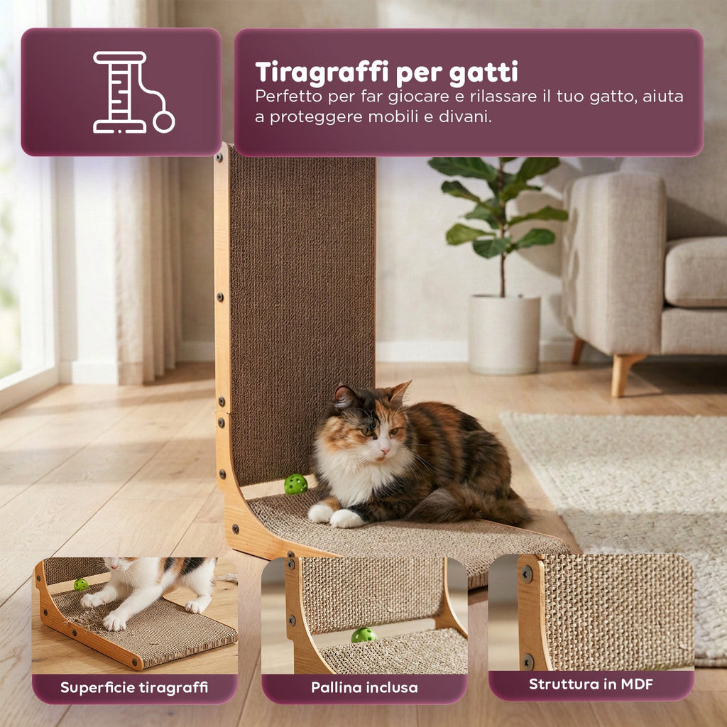 Tiragraffi per Gatti a Forma di L Altezza 68 cm in Carta Ondulata Resistente e Legno MDF – con Gioco a Pallina Integrato