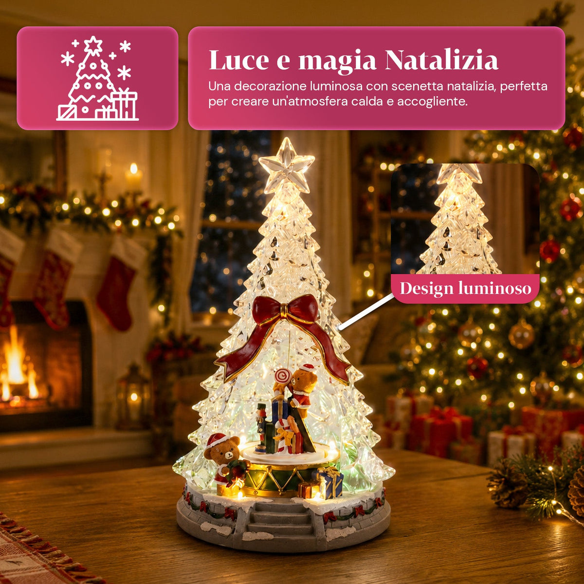 Albero di Natale luminoso JoyTree con musica e animazione a 360°, luci LED, scena con orsetti e schiaccianoci, doppia alimentazione USB, 32,5 cm