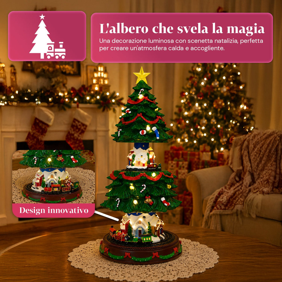 Albero di Natale Luminoso SpinPine 45,5 cm con Villaggio e Trenino Rotante, Luci LED Bianco Caldo, Musica Natalizia, Alimentazione USB o a Batterie
