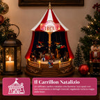 Carillon Natalizio Animato CircoJoy con Luci LED e Musica, Tendone Circo Ø34 x A44 cm in Plastica, Scena Rotante, Alimentazione USB o a Batterie