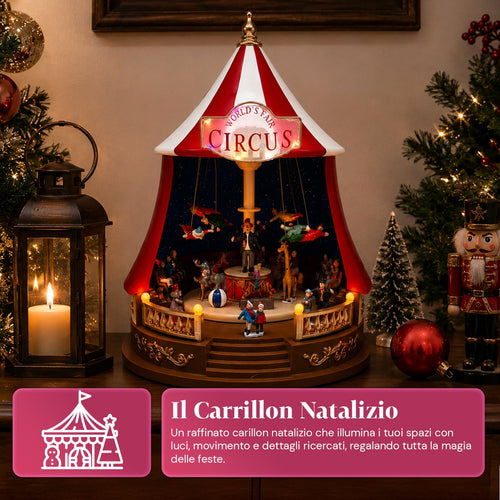 Carillon Natalizio Animato CircoJoy con Luci LED e Musica, Tendone Circo Ø34 x A44 cm in Plastica, Scena Rotante, Alimentazione USB o a Batterie