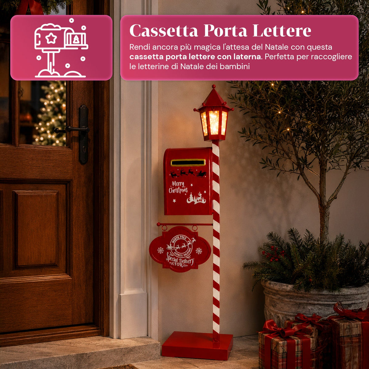 DeerPost Cassetta Postale Natalizia con Lanterna a LED e Sportello Posteriore, Decorazione in Metallo con Cartello Pendente, Altezza 92,5 cm