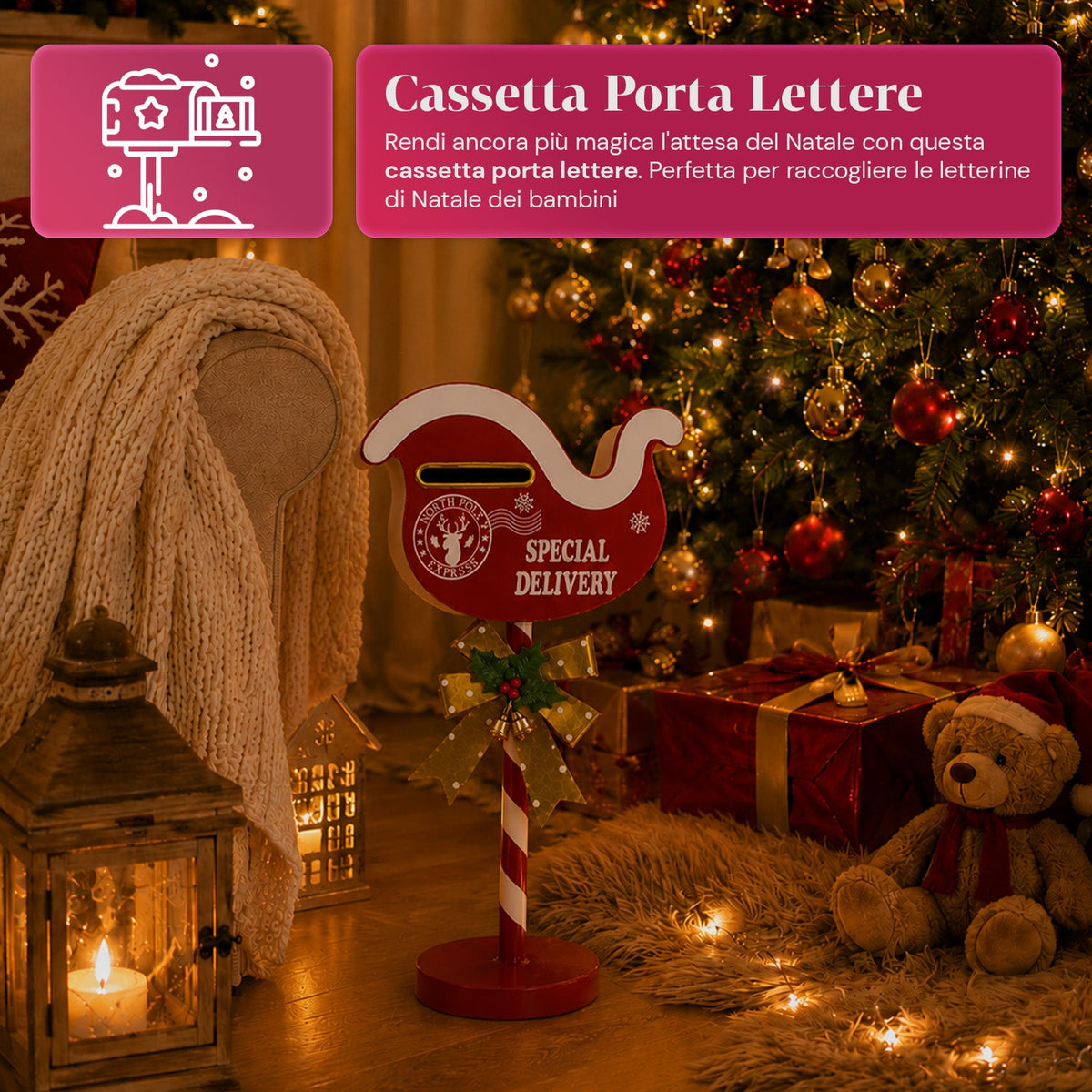 FlyPost, cassetta per lettere natalizia a forma di slitta, in metallo, dimensioni 23x14x50 cm, grande capacità, fiocco dorato, base d'appoggio