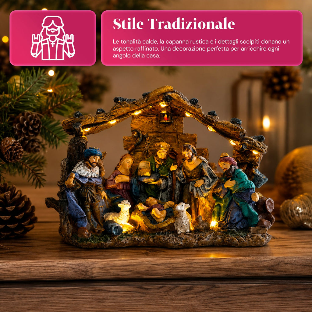 HolyGlow Presepe Natività in Poliresina con Luci LED e Interruttore ON/OFF, Capanna Rustica e Base Stabile, 23x11,5x17 cm