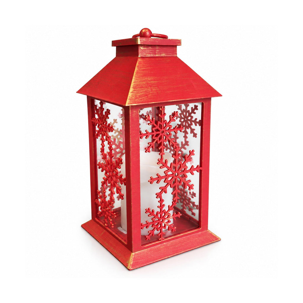 Lanterna Natalizia Rossa a LED 30 cm, Candela con Effetto Fiamma, da Appendere o da Appoggio, 14x14x30 cm, 2 Decorazioni Disponibili: Stelle o Fiocchi di Neve