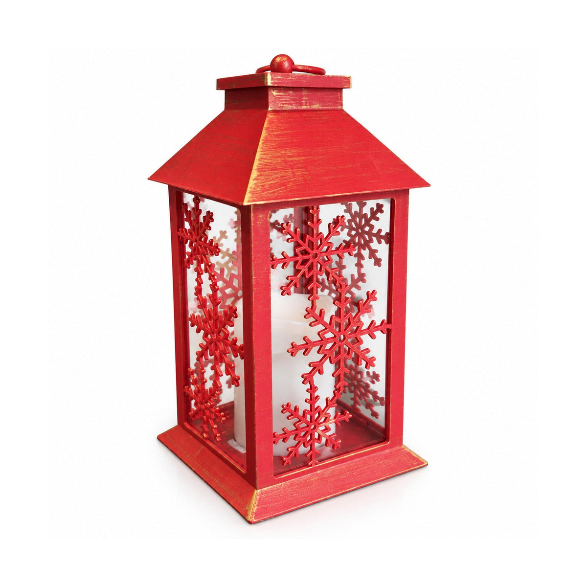 Lanterna Natalizia Rossa a LED 30 cm, Candela con Effetto Fiamma, da Appendere o da Appoggio, 14x14x30 cm, 2 Decorazioni Disponibili: Stelle o Fiocchi di Neve