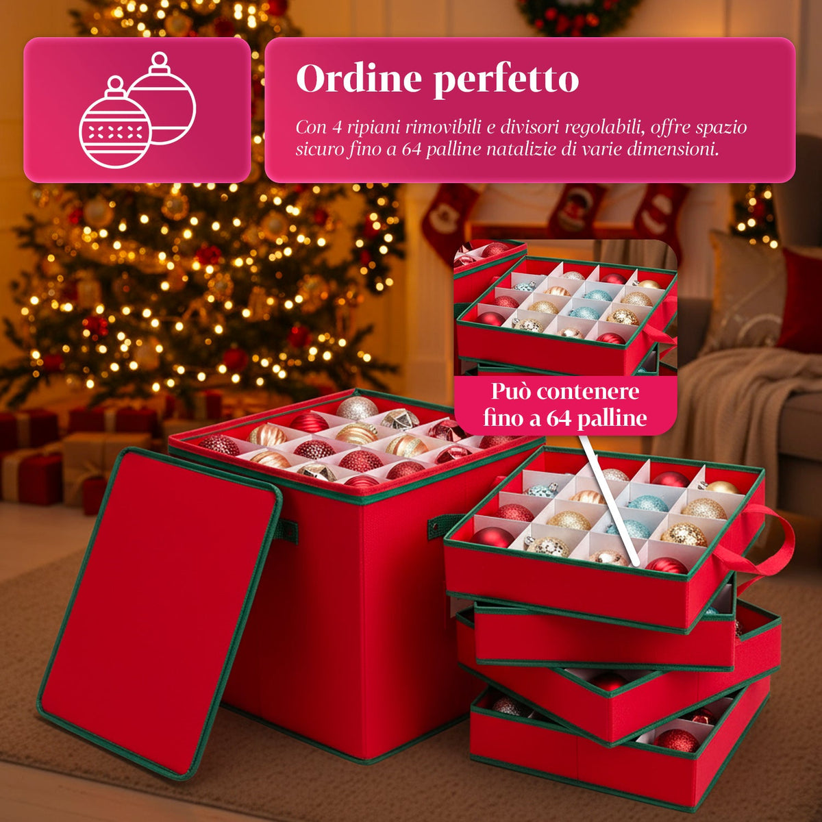 Organizer per 64 Palline di Natale in Tessuto Oxford e TNT con Coperchio e Manici