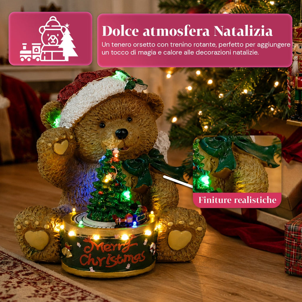 Orsetto di Natale Luminoso con Trenino Rotante e Carillon, Teddy XMAS Bear Station, Decorazione Natalizia LED in Poliresina 20,5 cm