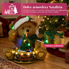 Orsetto di Natale Luminoso con Trenino Rotante e Carillon, Teddy XMAS Bear Station, Decorazione Natalizia LED in Poliresina 20,5 cm