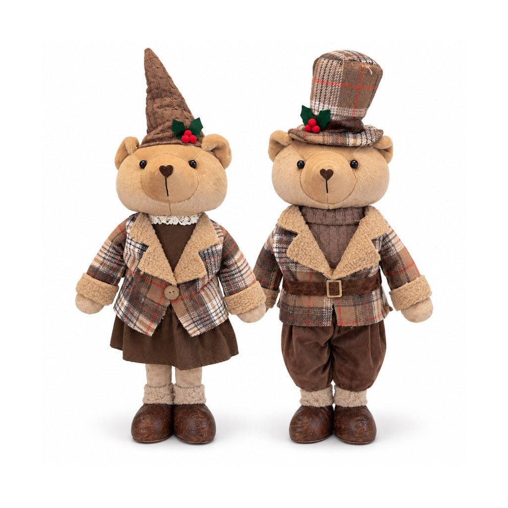 Orso natalizio decorativo 85 cm, peluche da arredo con cappello e abito scozzese, base stabile, rosso o marrone tartan