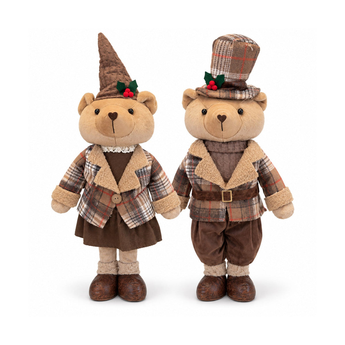 Orso natalizio decorativo 85 cm, peluche da arredo con cappello e abito scozzese, base stabile, rosso o marrone tartan