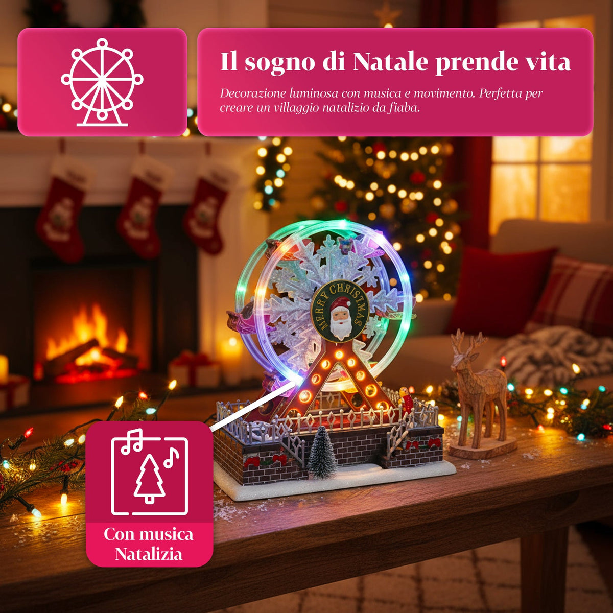 Joywheel Ruota Panoramica con sediolini Luna Park, Natalizia Animata con Luci LED Musica e Movimento, Villaggio di Natale Decorazione Luminosa 23x16x28 cm a Batterie