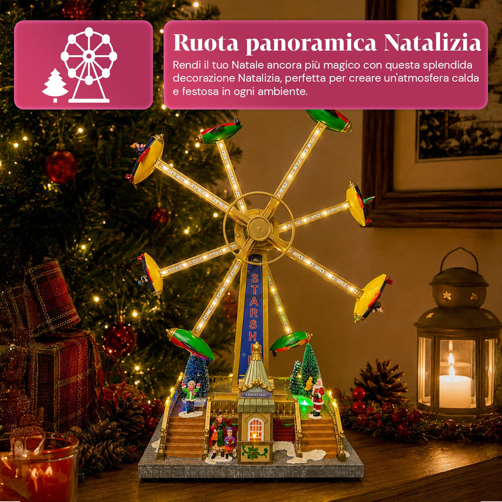 Ruota Panoramica Natalizia SkyWheel con Luci LED, Melodie e Doppia Rotazione, Villaggio con Biglietteria e Personaggi, 47,7 cm