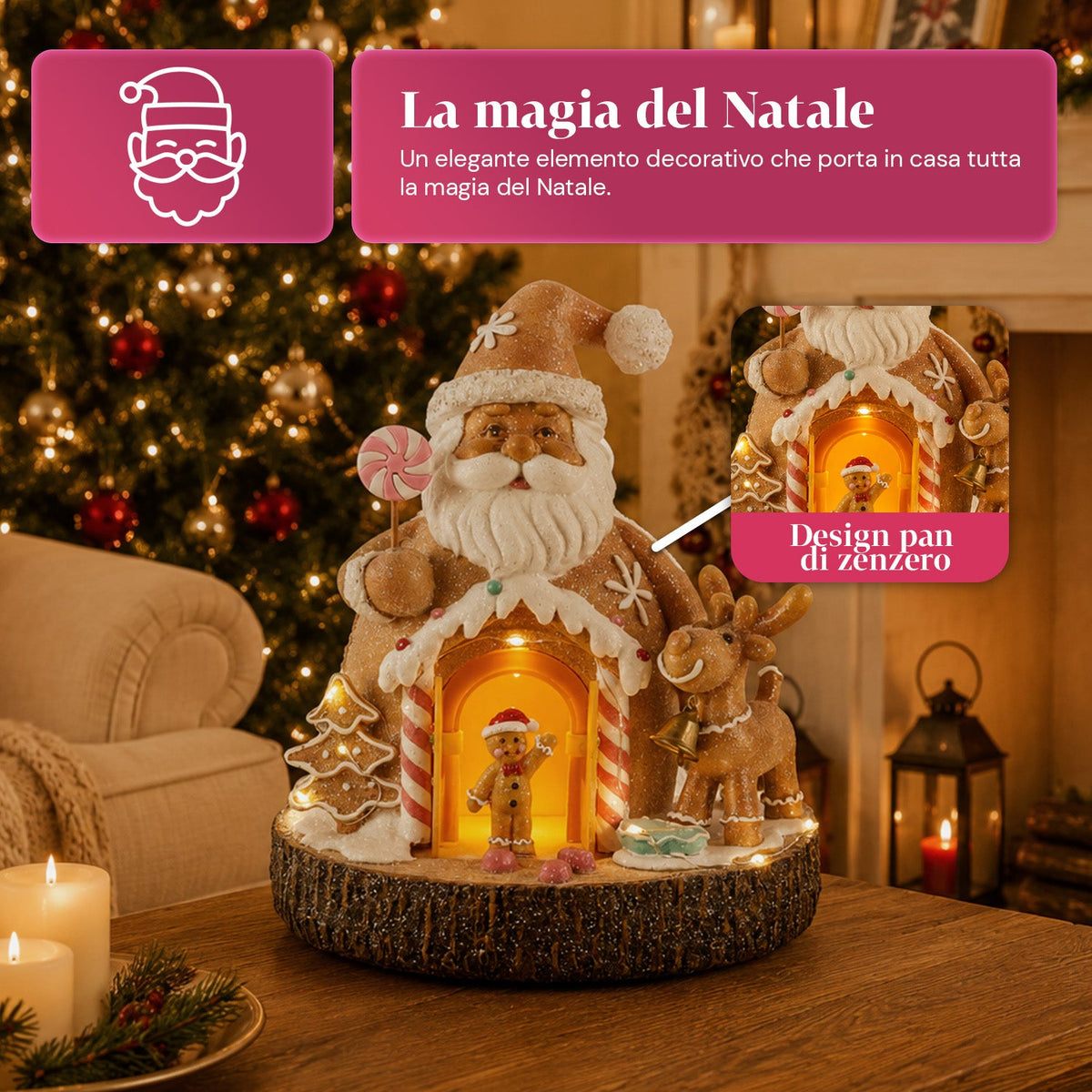 Babbo Natale Pan di Zenzero - Decorazione Natalizia Babbo Natale Pan di Zenzero con Luci LED, Musica e Porta Apribile, Casetta Luminosa in Resina 20,6 cm