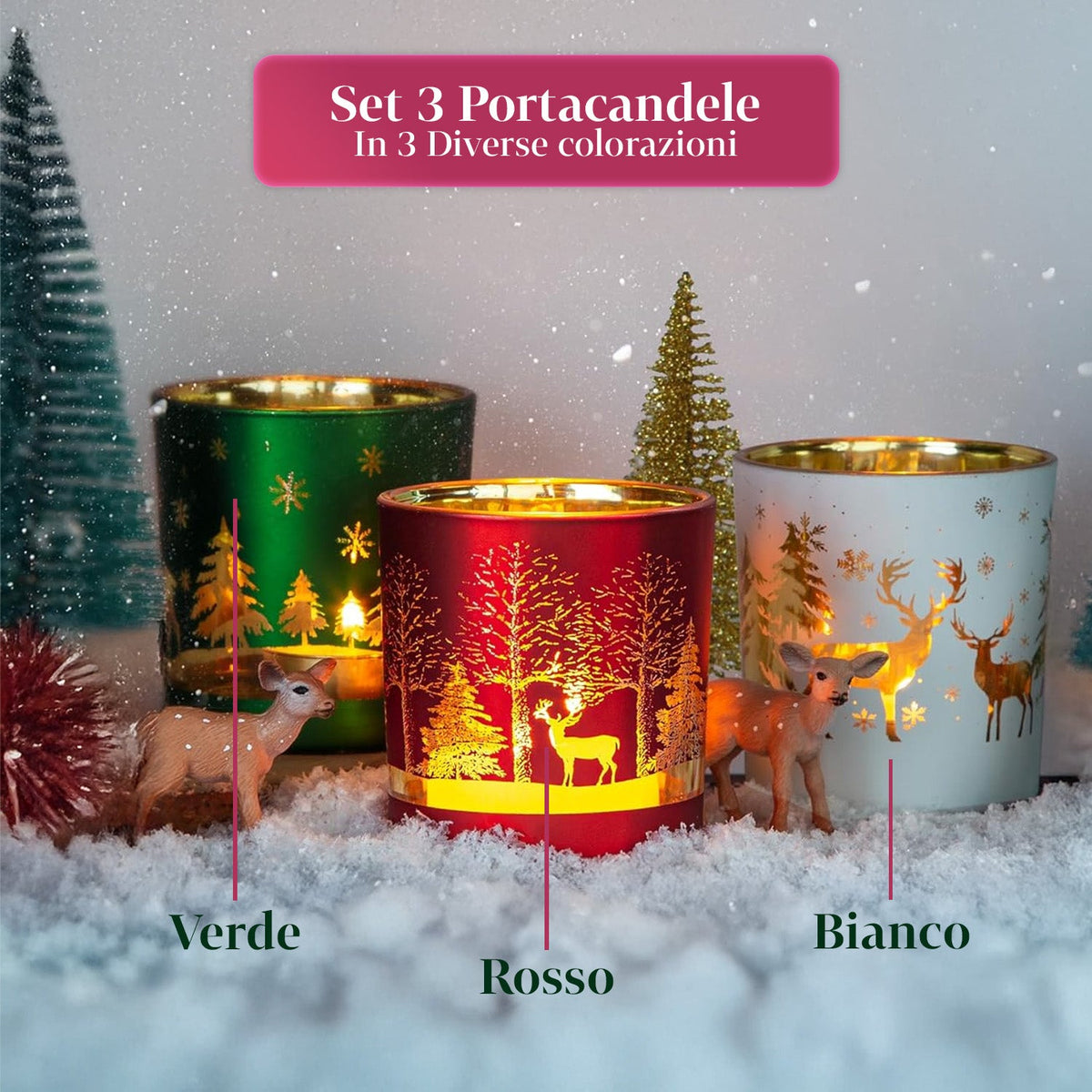 Set di 3  Portacandele Decorativi in Edizione Limitata Natalizia in Vetro