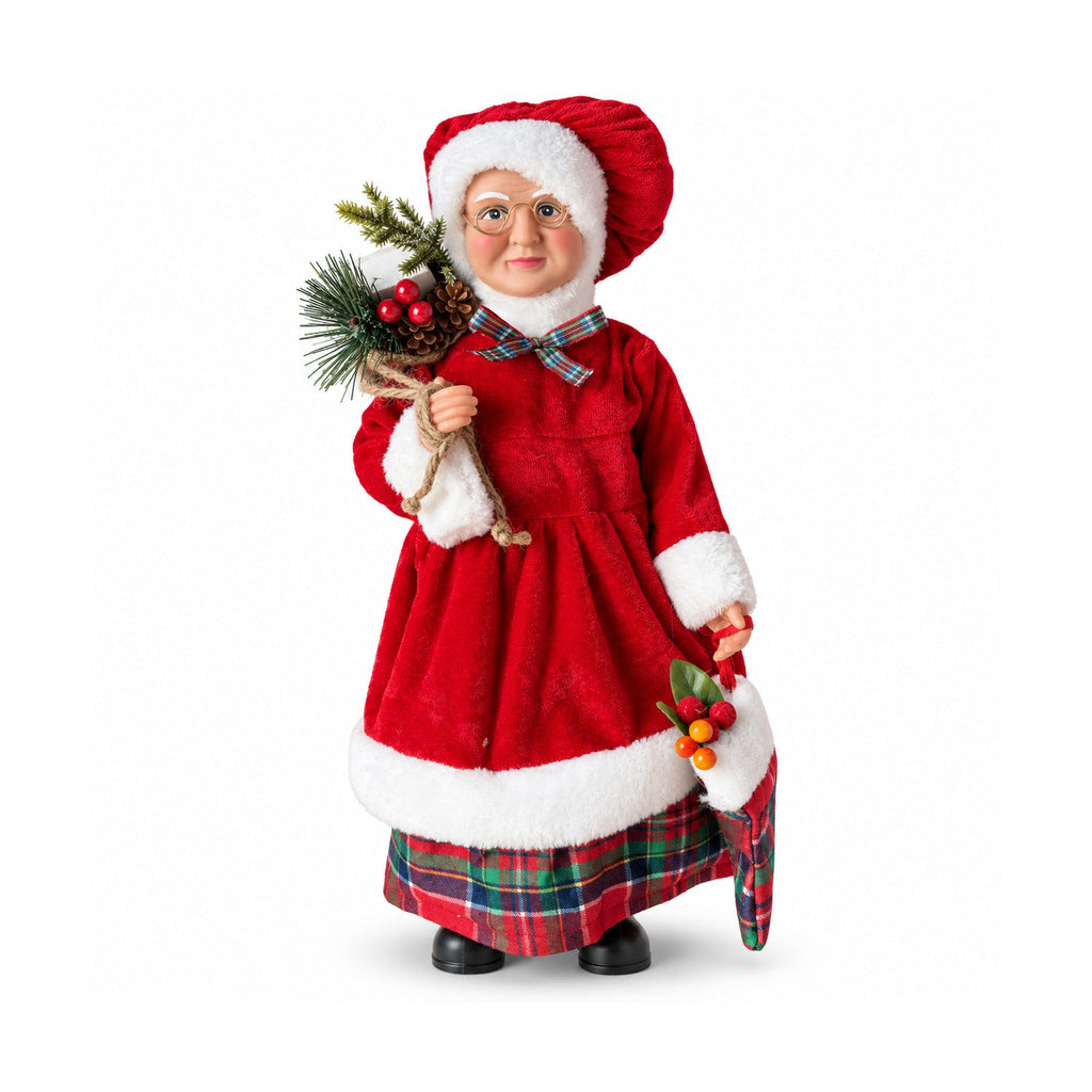 Statuetta natalizia Babbo Natale e Mamma Natale h45cm, decorazione per casa, negozio e vetrine, 3 varianti assortite con rametti di pino e pigne