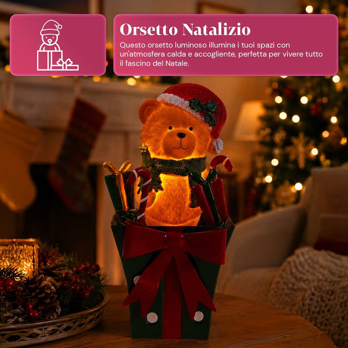 Teddy BearGift, orsetto natalizio luminoso in confezione regalo, luce LED calda, dimensioni 15x15x25,5 cm, alimentazione a batterie