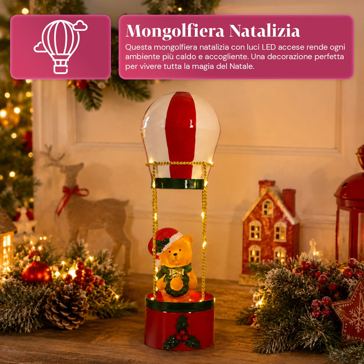 Teddy SkyFloat - Mongolfiera natalizia luminosa in metallo con orsetto, luci LED e funi dorate a batteria, alta 37 cm, con ghirlanda e agrifoglio