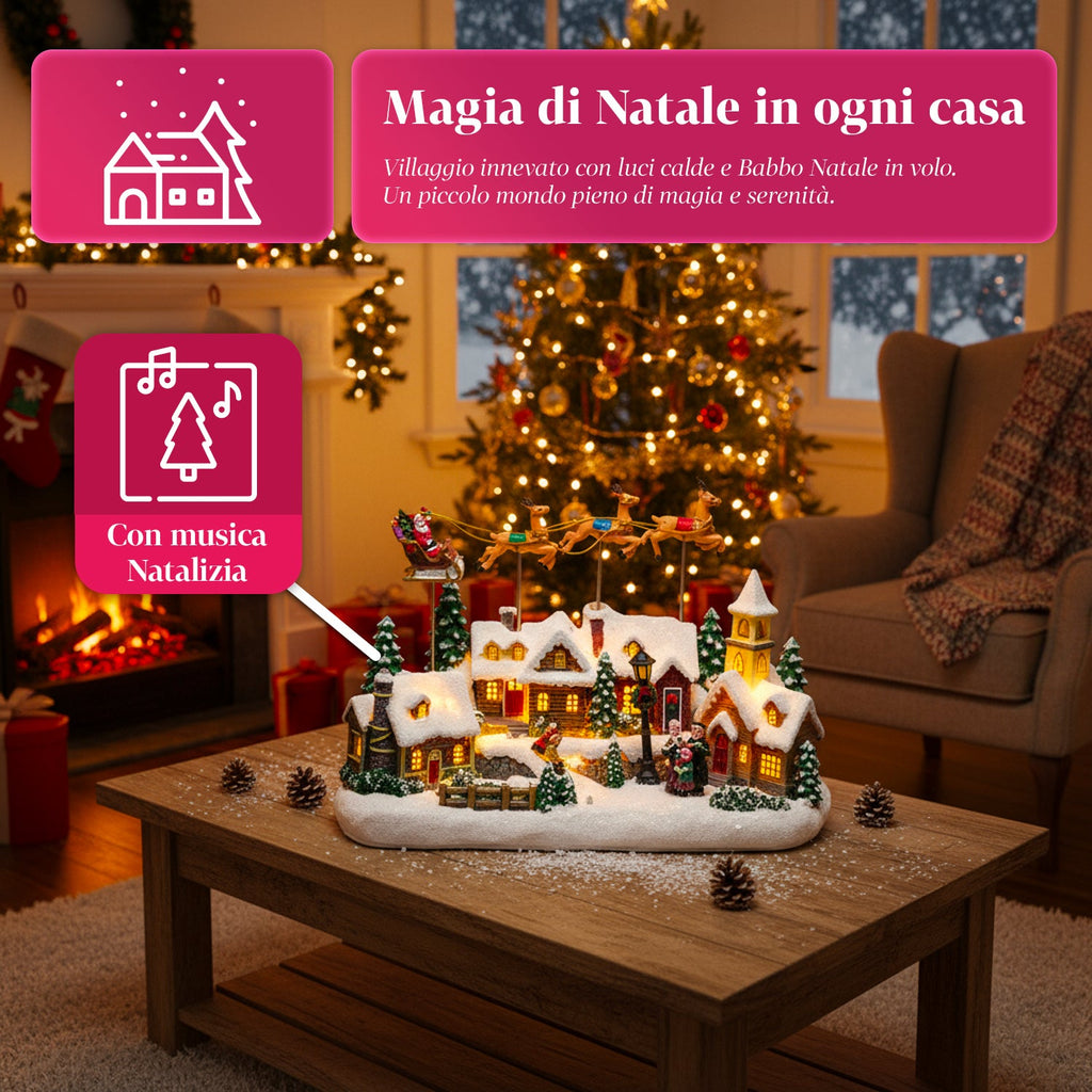 Villaggio di Natale Animato Frostvale con Luci LED, Musica e Slitta in Movimento