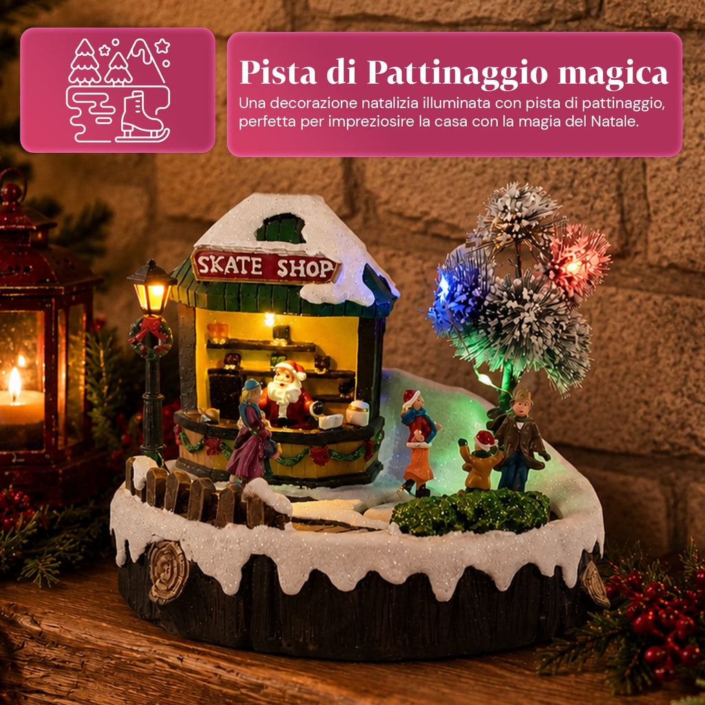Villaggio di Natale luminoso GlideRink, pista di pattinaggio animata con musica e luci LED, decorazione in resina 20,8x20,7x17,2 cm, a batterie AA